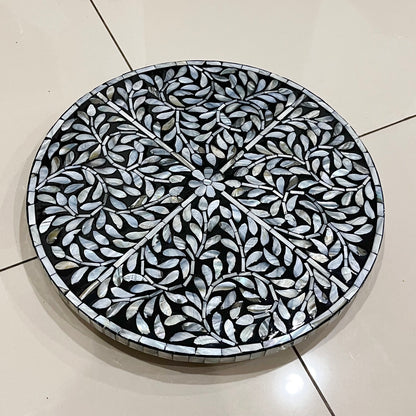 Mother of Pearl Lazy Susan Turntable, Black Leaf Inlay Rotating Tray
