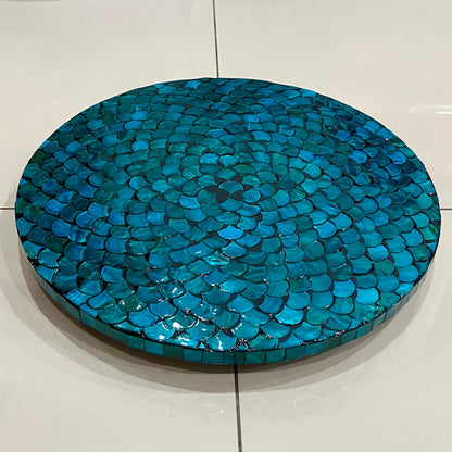 Teal Mother of Pearl Lazy Susan Turntable, Handmade Scallop Inlay Rotating Tray