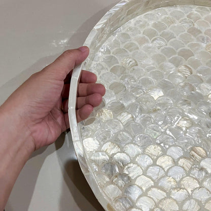 Round Ivory Capiz Shell & Mother of Pearl Scallop Inlay Tray