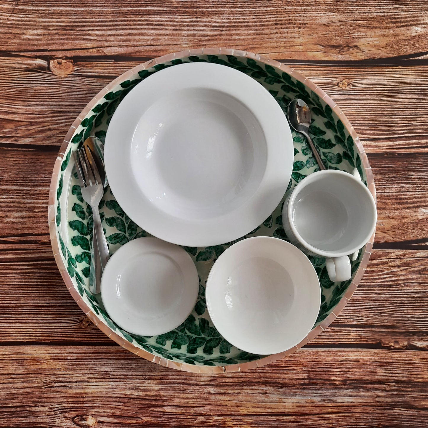 Round Capiz Shell Inlay Tray with Green Leaf Pattern – Decorative Coffee & Serving Tray