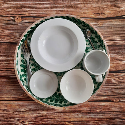 Round Capiz Shell Inlay Tray with Green Leaf Pattern – Decorative Coffee & Serving Tray