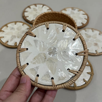 Round Ivory Capiz Shell & Rattan Coaster Set with Handwoven Holder