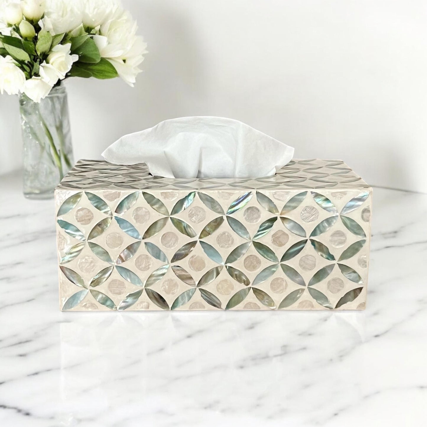 Rectangular Mother of Pearl & Capiz Tissue Box Cover – Ivory Geometric Floral Design