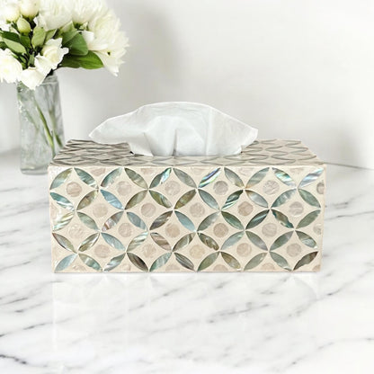 Rectangular Mother of Pearl & Capiz Tissue Box Cover – Ivory Geometric Floral Design