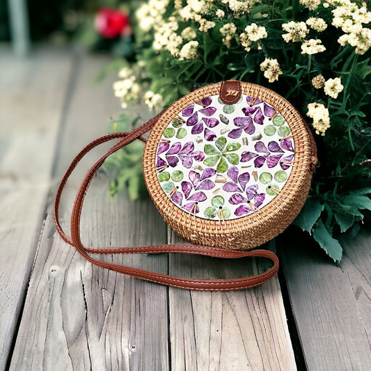 Beautiful Purple Round Rattan Crossbody Bag