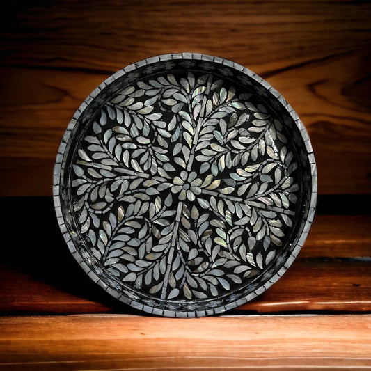 Black Mother of Pearl Leaf Inlay Tray – Handmade Round Decorative Serving Tray