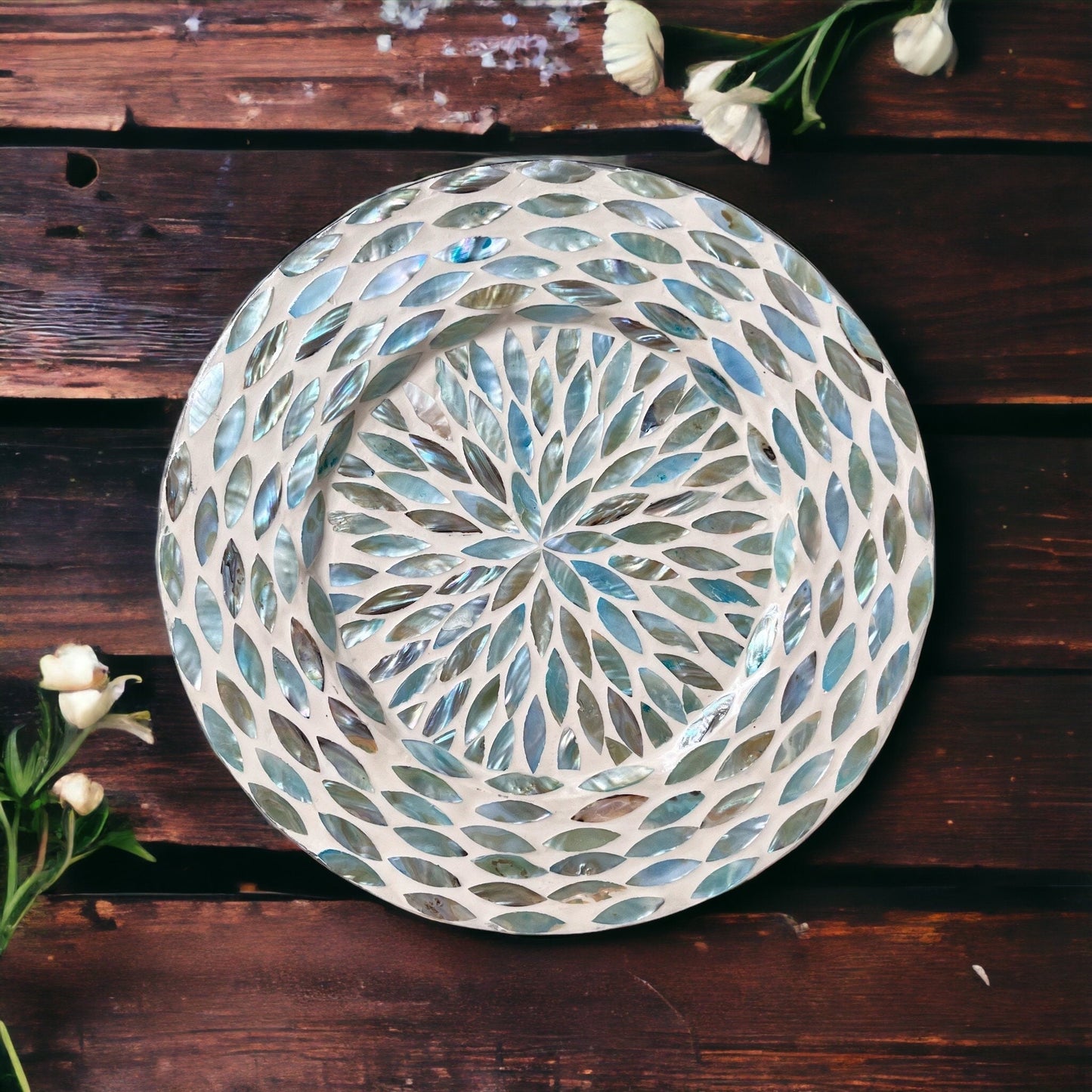 Set of 2 Blue Ivory Inlay Mother of Pearl Charger Plates