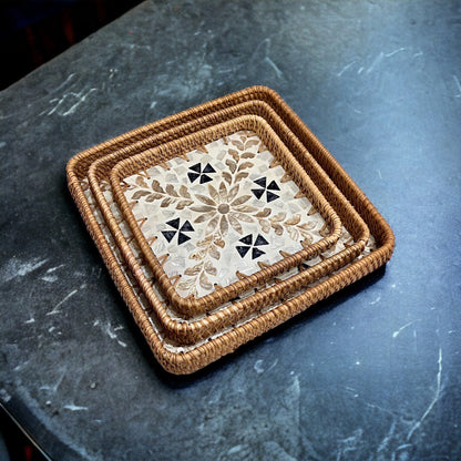 Square Capiz Shell Rattan Tray – Handmade Floral Mosaic Woven Serving Tray