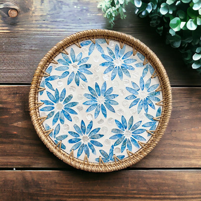 Round Rattan Tray with Blue Capiz Shell Inlay – Handmade Floral Serving Tray