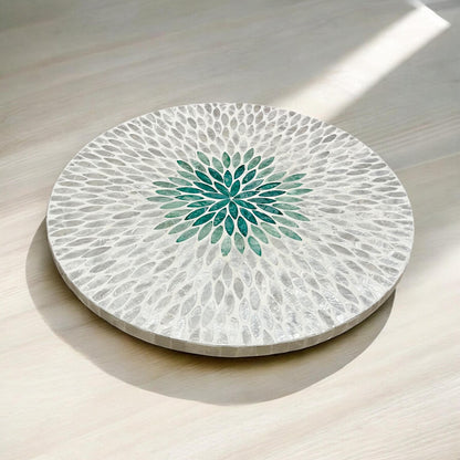 Capiz Shell Lazy Susan: White & Green leaf floral pattern