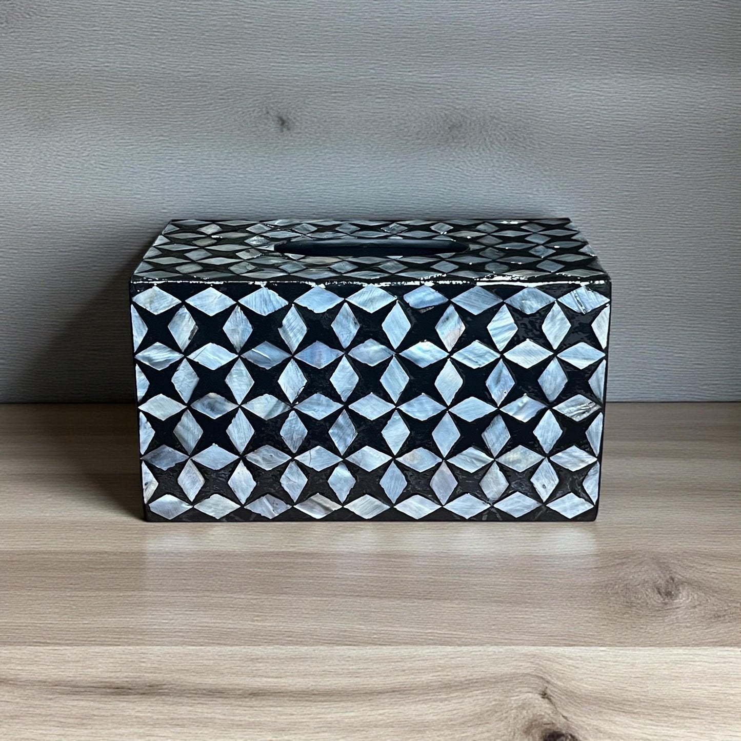 Rectangular Black Geometric Mother of Pearl Tissue Box Cover