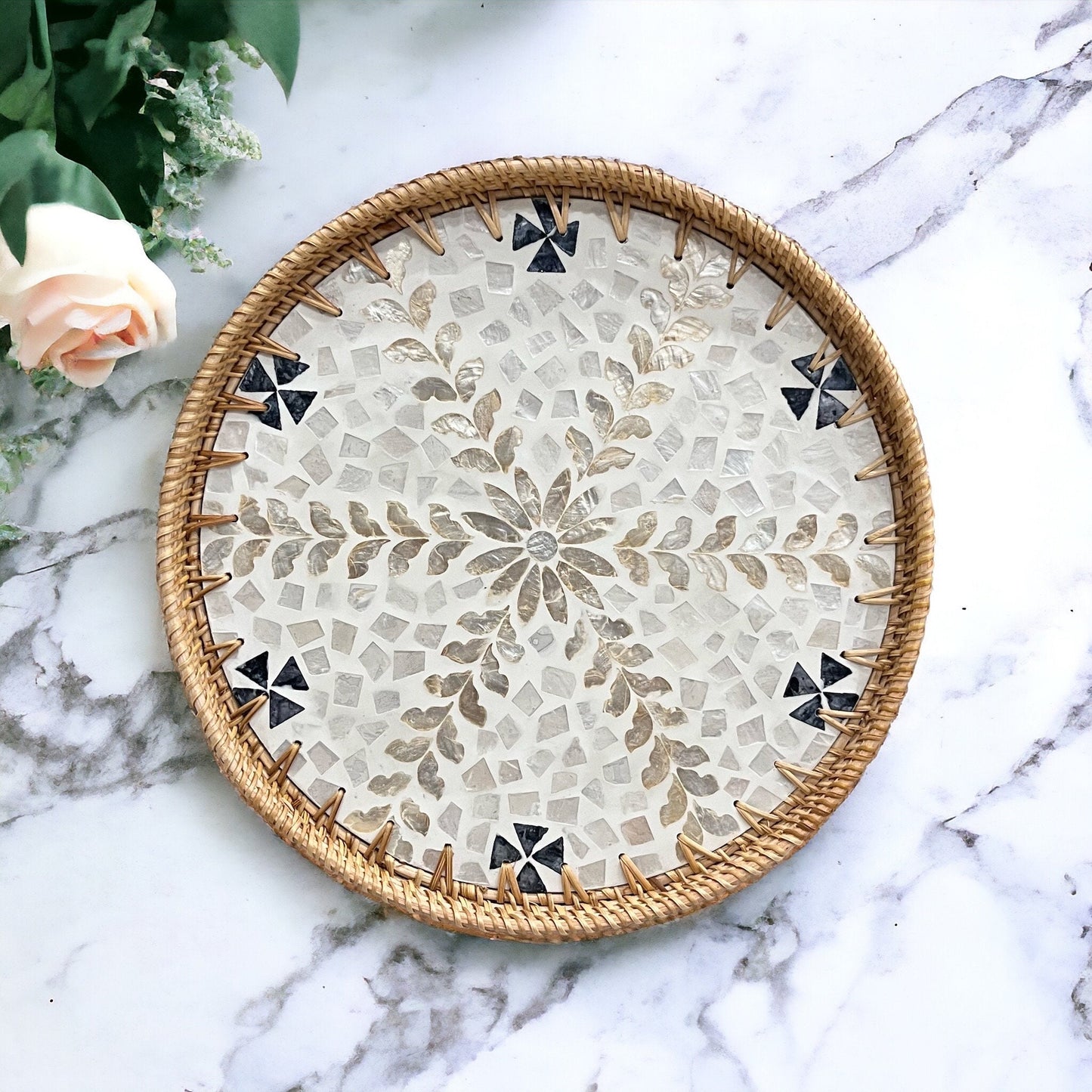 Black White Gold flower Hand-woven Capiz Shell Tray