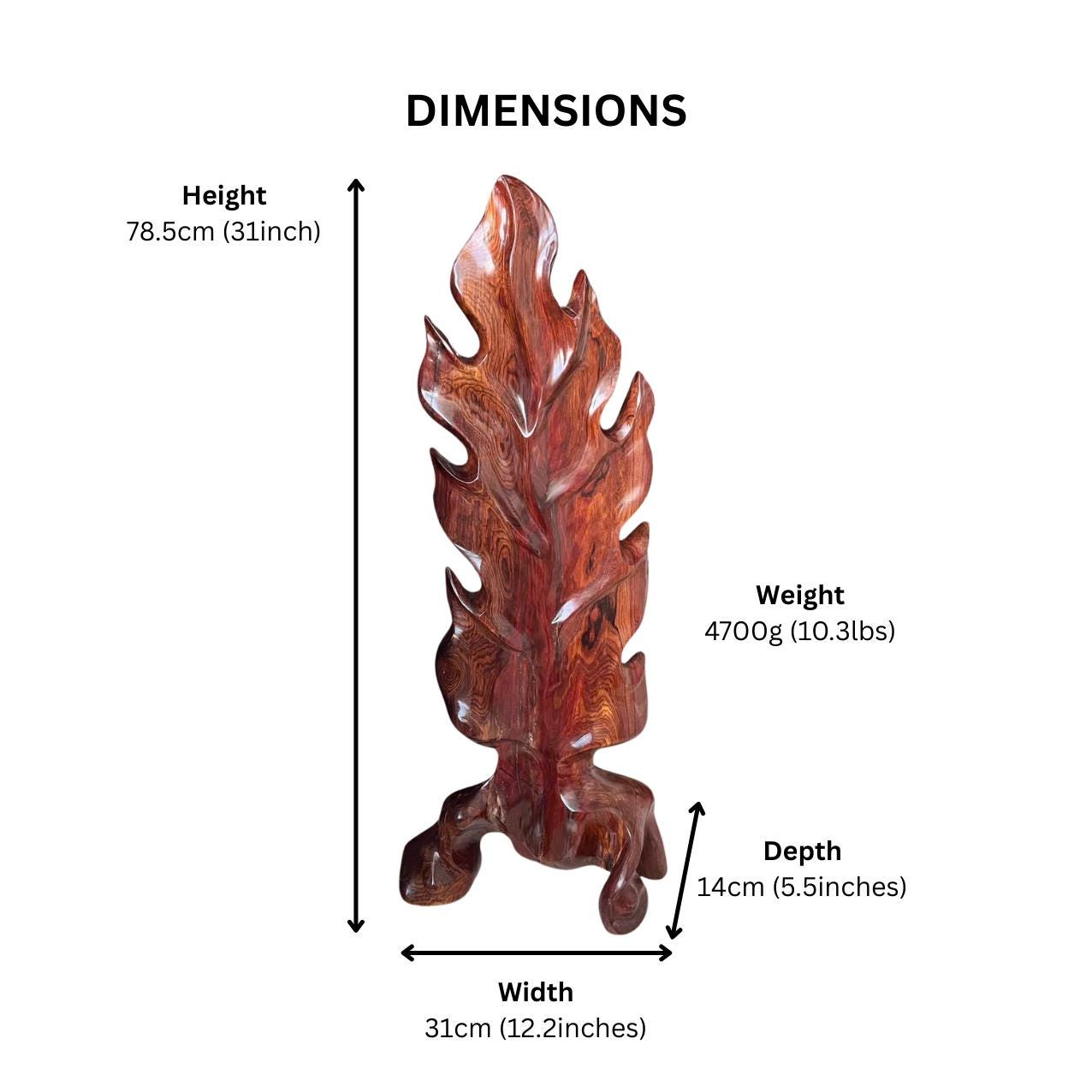 Hand-Carved Rosewood Oak Leaf Sculpture: Natural Wood Decor 31 in Tall