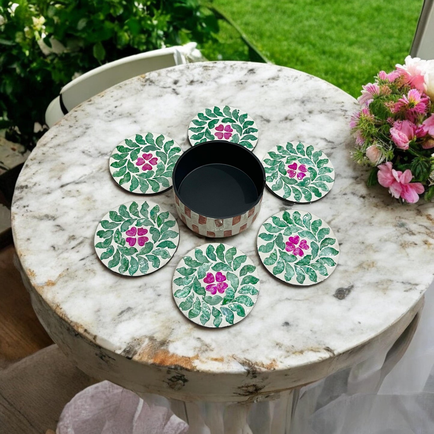 Floral Capiz Shell Coaster Set with Holder – Handmade Decorative Drink Coasters