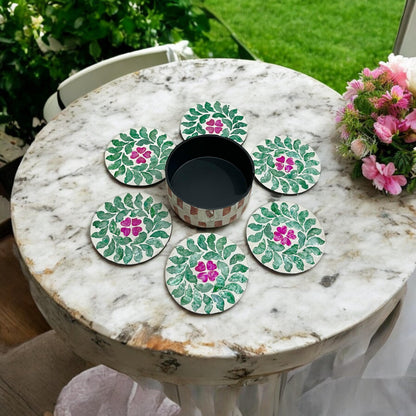 Floral Capiz Shell Coaster Set with Holder – Handmade Decorative Drink Coasters