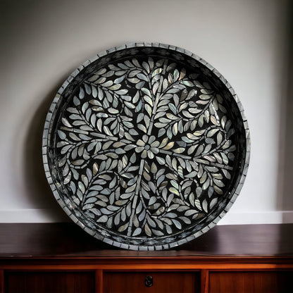 Black Mother of Pearl Leaf Inlay Tray – Handmade Round Decorative Serving Tray