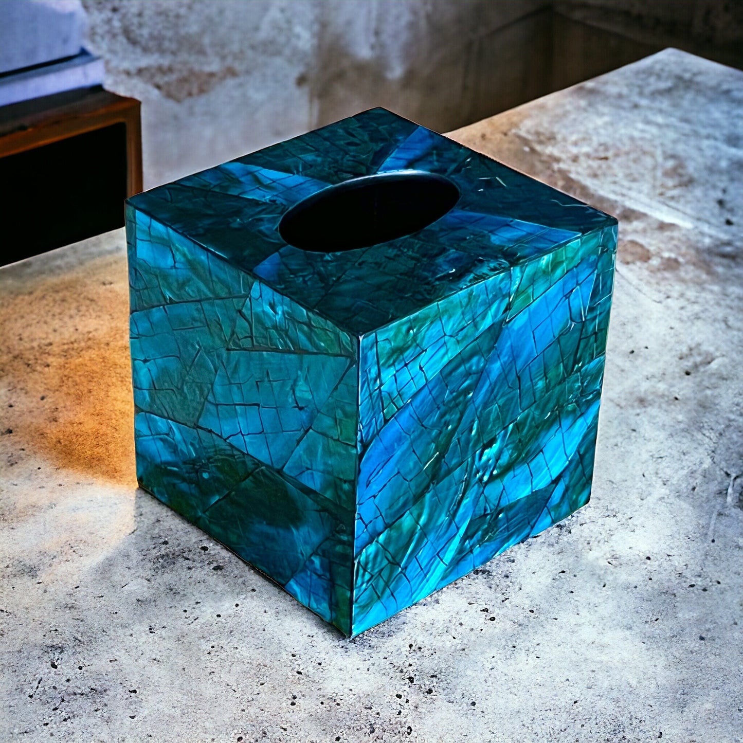 Blue Teal Square Mother of Pearl Tissue Box Cover