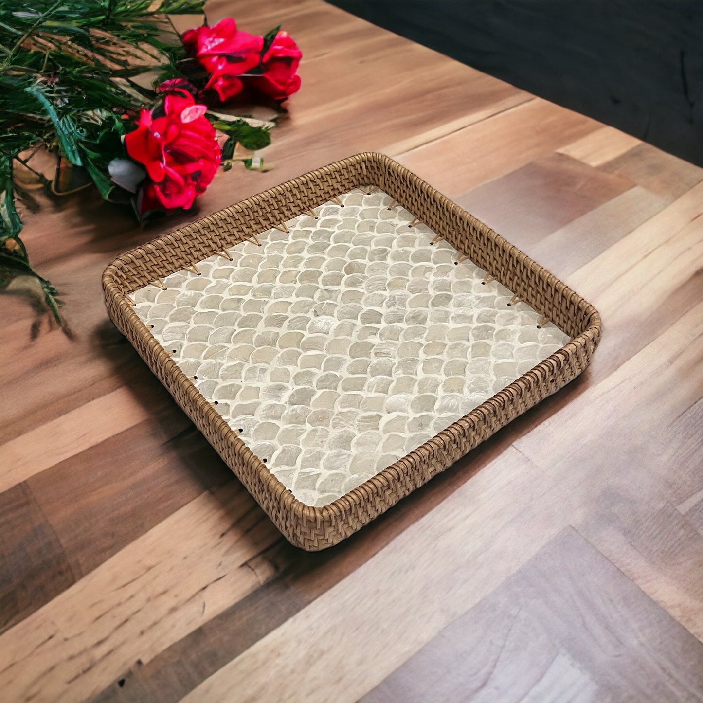 Square Capiz Shell Rattan Tray – Handmade Woven Serving Tray with Pearl Mosaic
