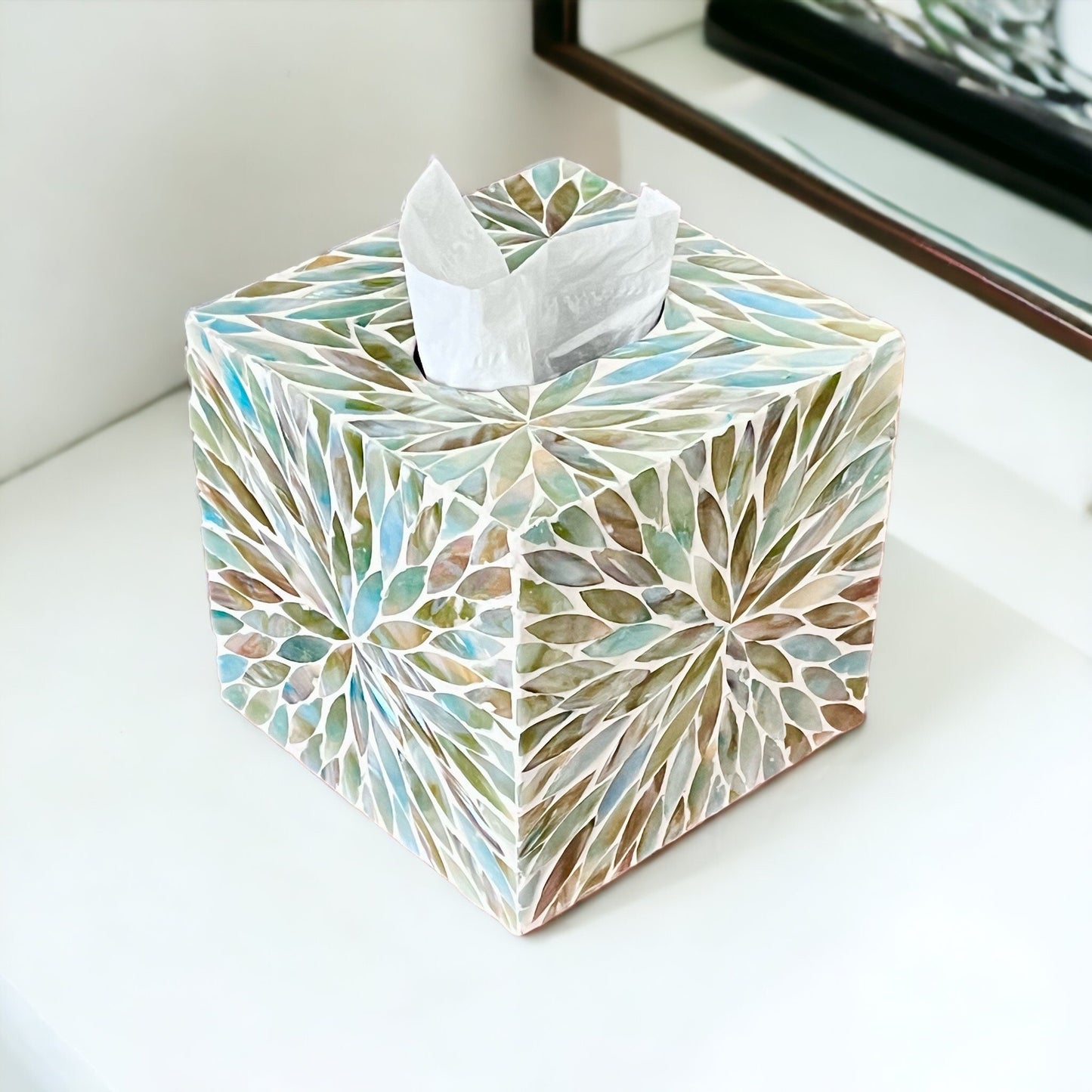 Blue Ivory Mother of Pearl Tissue Box Cover – Square Floral Burst Design with Sliding Bottom