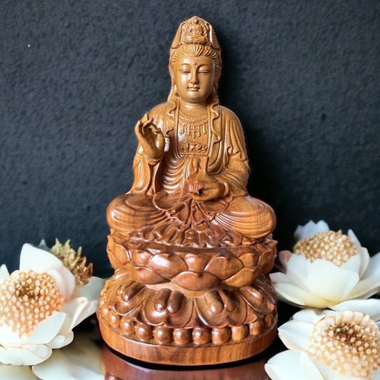 Wooden Guanyin Buddha Statue – Solid Hardwood Meditation & Spiritual Home Decor
