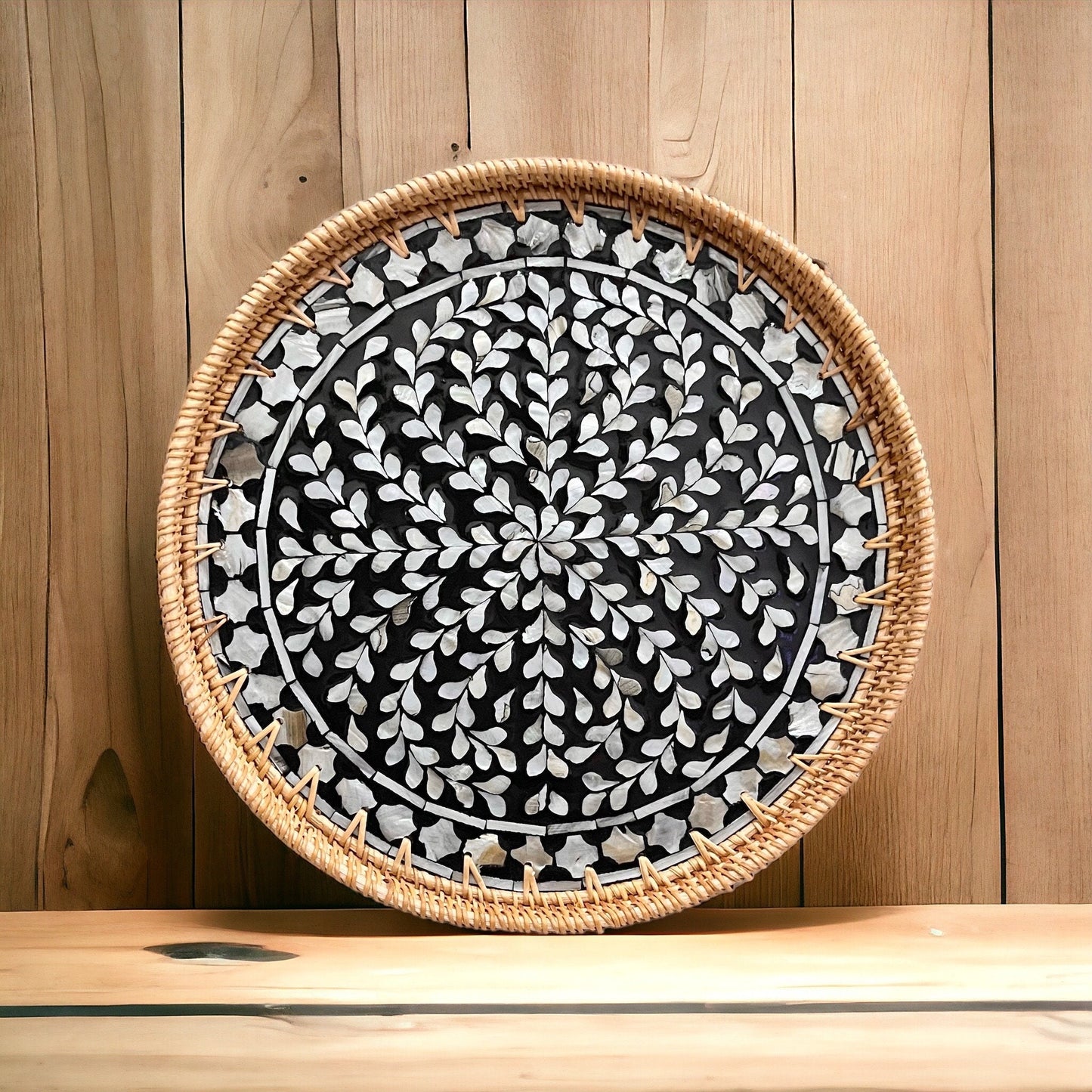 Black & White Mother of Pearl Rattan Tray