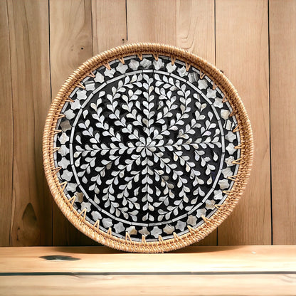 Black & White Mother of Pearl Rattan Tray
