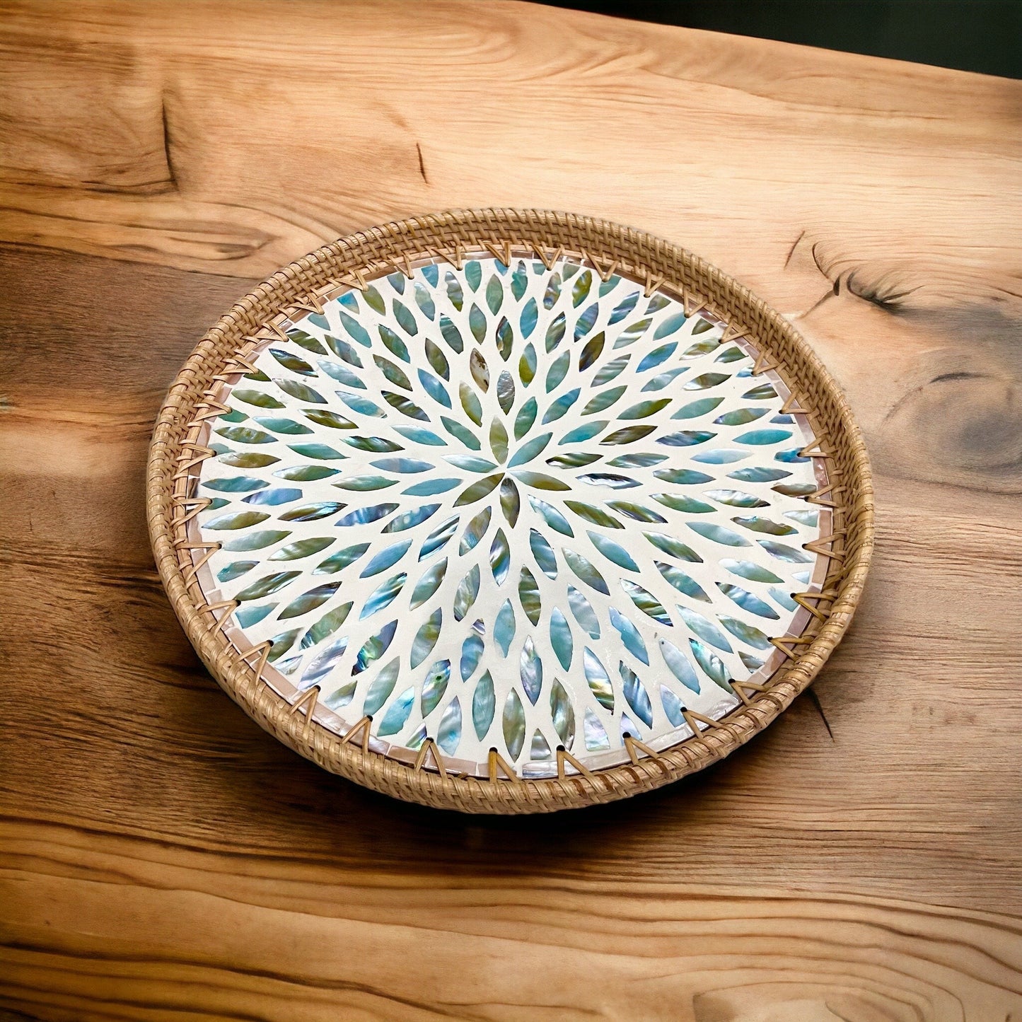 Aqua flower Hand-woven Rattan & Mother Pearl Inlay Serving Tray