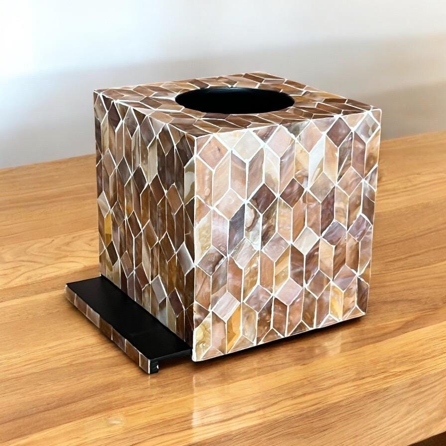 Mother of Pearl Inlay Tissue Box Cover: Brown Cube Mosaic