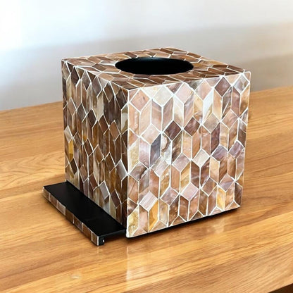 Mother of Pearl Inlay Tissue Box Cover: Brown Cube Mosaic