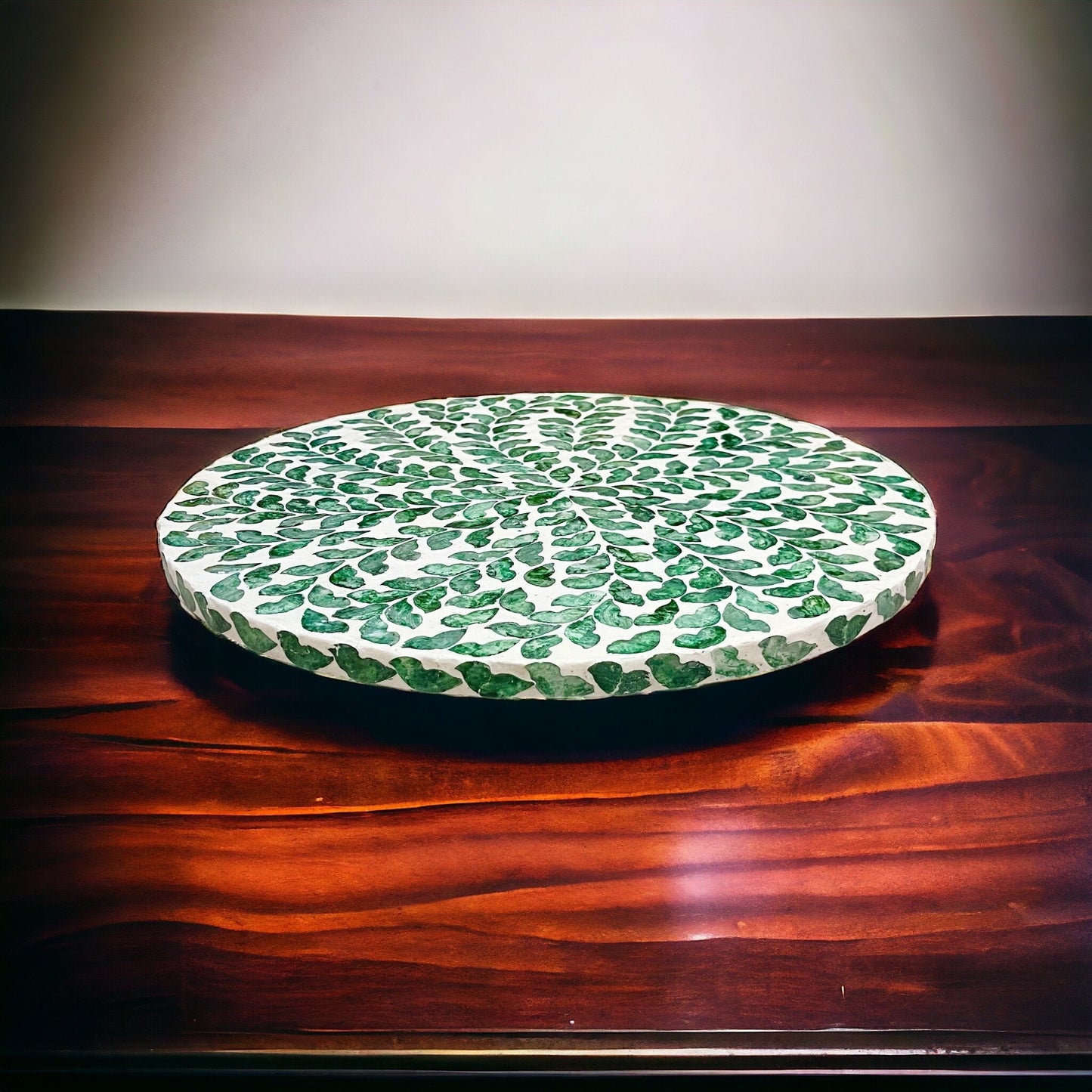 Green Leaf Capiz Shell Lazy Susan 40cm – Handcrafted Rotating Serving Tray