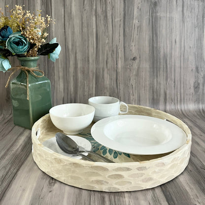 Round Capiz Shell Floral Inlay Tray with Teal Center