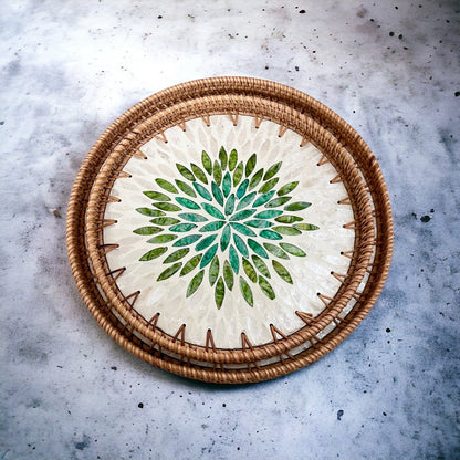 Round Rattan Tray with Green Capiz Shell Leaf Mosaic