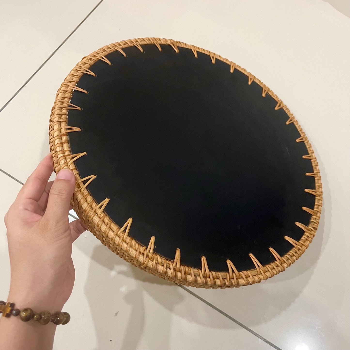 Green flower Hand-woven Rattan & Capiz Shell Serving Tray