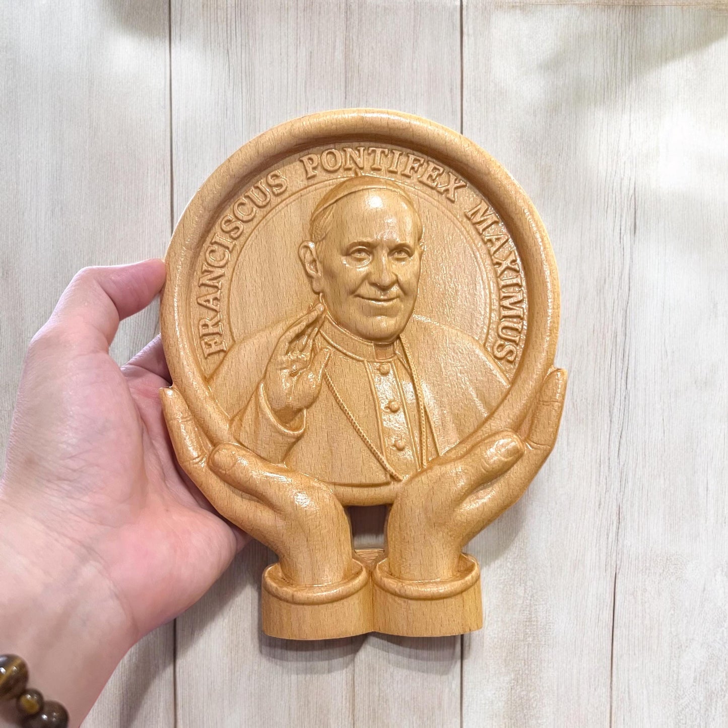 Beech Wood Pope Francis Sculpture: Catholic Blessing Statue