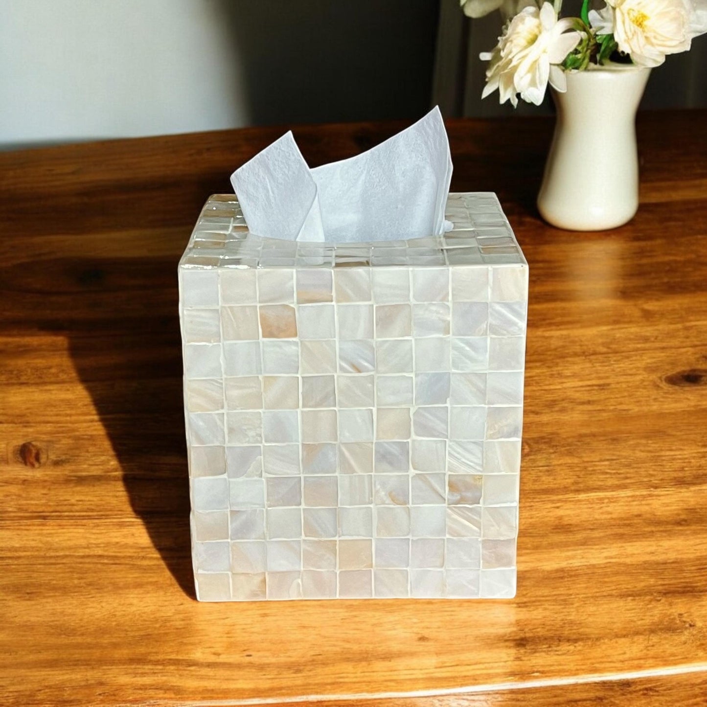 Mother of Pearl Inlay Cube Tissue Box Cover: Ivory Color Square Mosaic Pattern