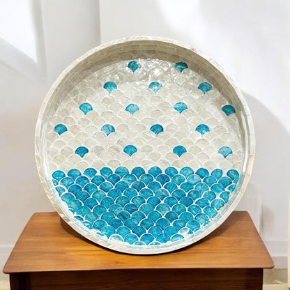 Round Mother of Pearl & Capiz Shell Scallop Inlay Tray in Blue & Ivory