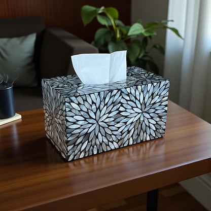 Rectangular Black Floral Mother of Pearl Tissue Box Cover