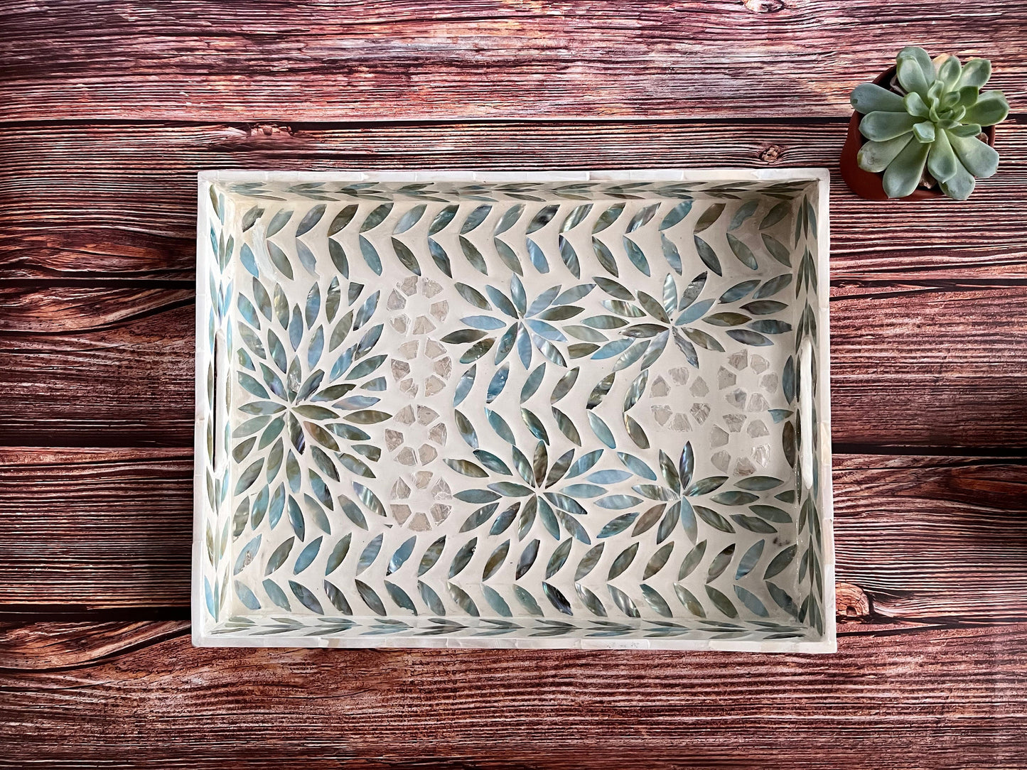Rectangular Mother of Pearl & Capiz Shell Inlay Tray – Decorative Serving Tray