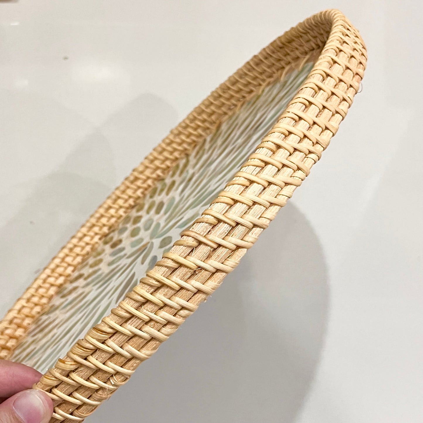 Aqua flower Hand-woven Rattan & Mother Pearl Inlay Serving Tray