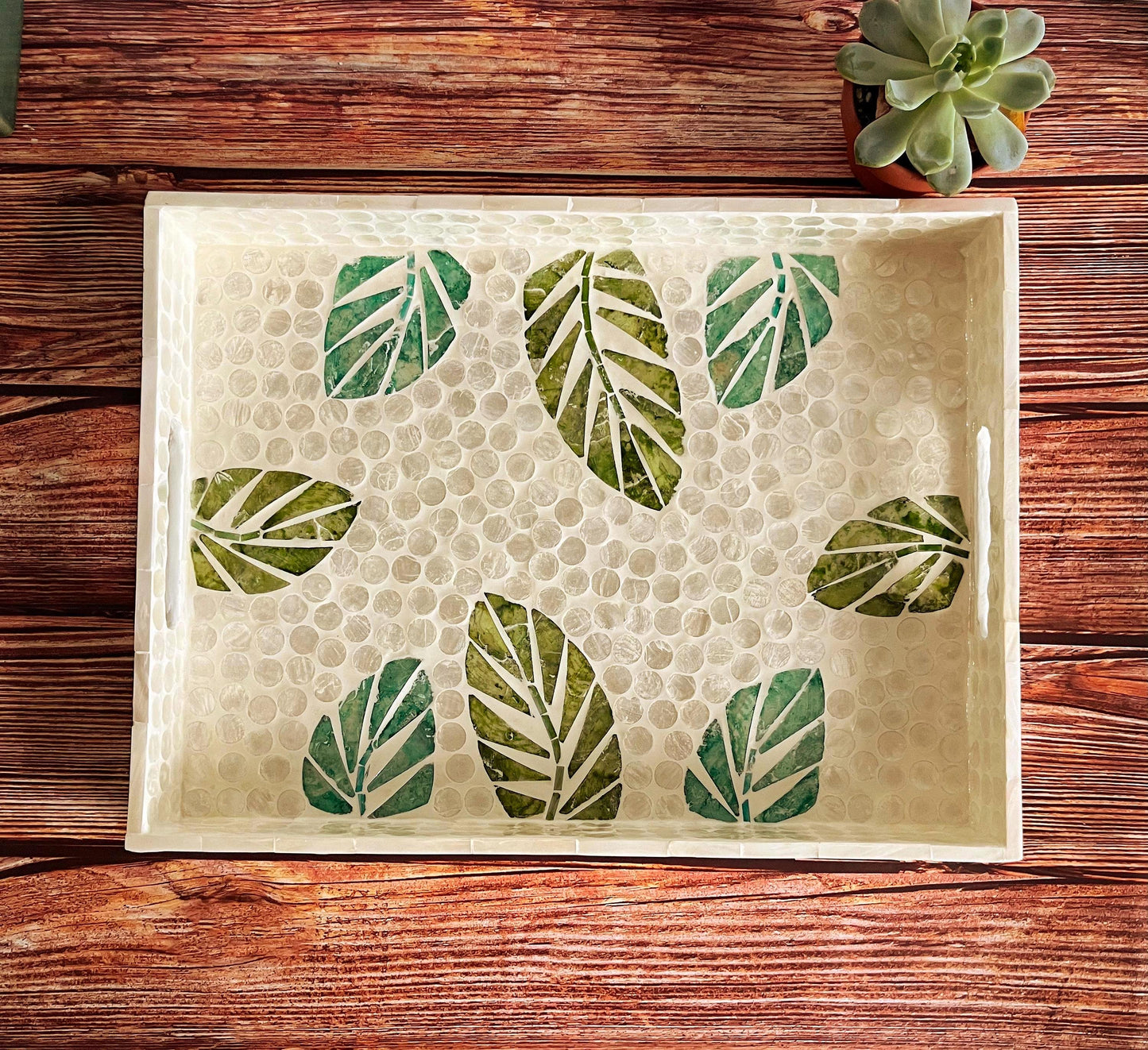 Green Leaf Capiz Shell Rectangular Tray with Handles