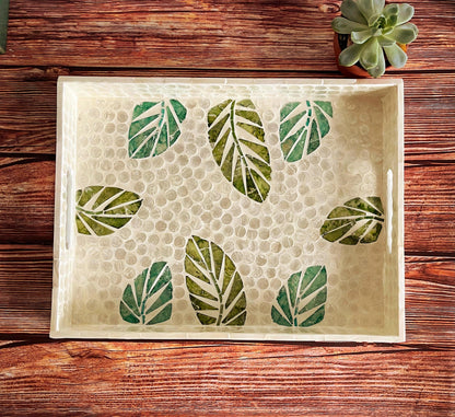 Green Leaf Capiz Shell Rectangular Tray with Handles
