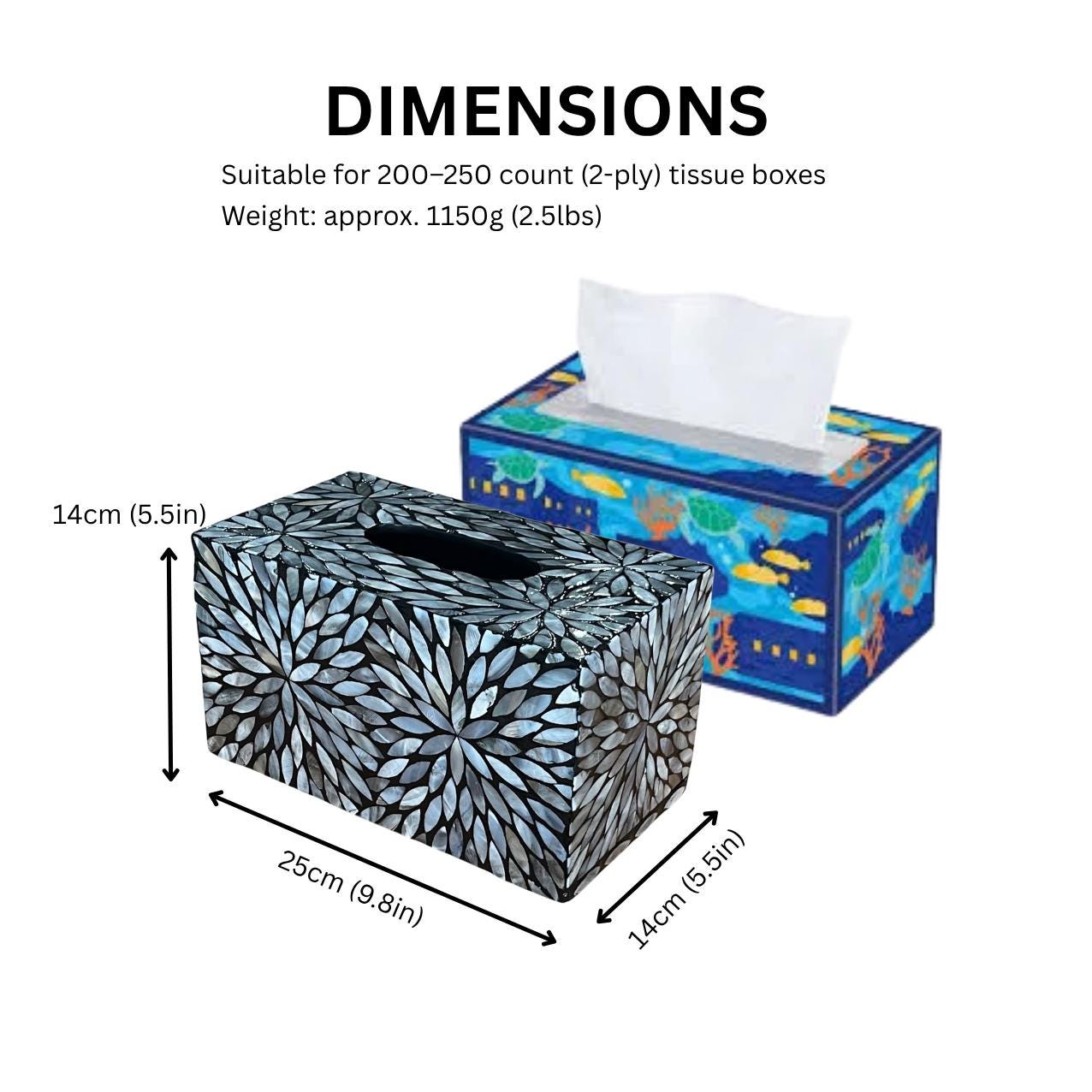 Rectangular Black Floral Mother of Pearl Tissue Box Cover