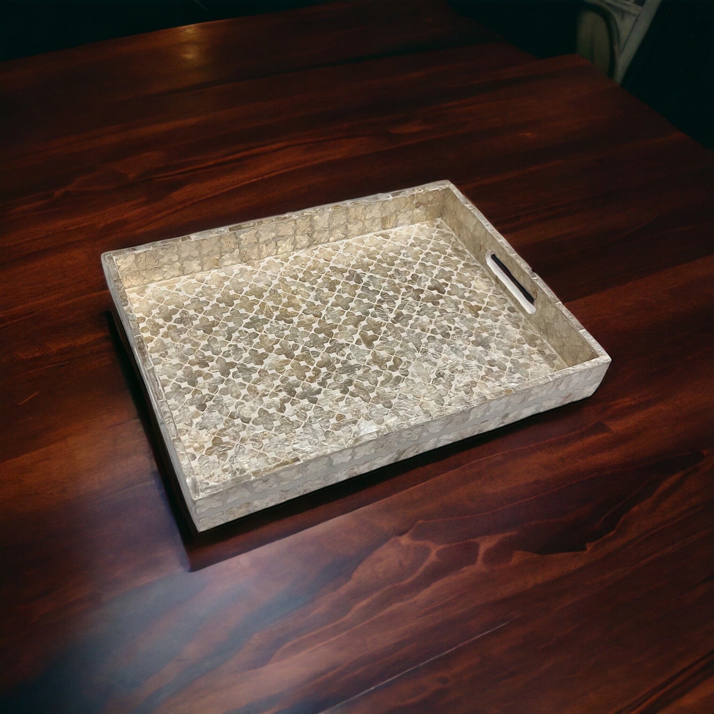 Rectangular Ivory Capiz Shell Mosaic Inlay Tray