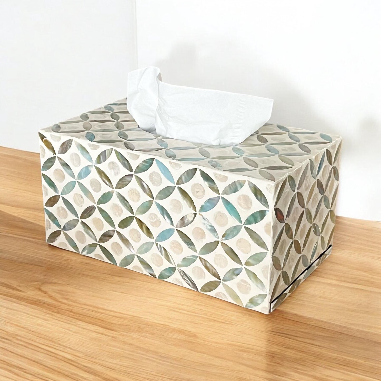 Rectangular Mother of Pearl & Capiz Tissue Box Cover – Ivory Geometric Floral Design