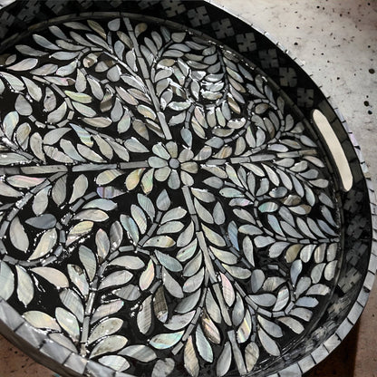 Black Mother of Pearl Leaf Inlay Tray – Handmade Round Decorative Serving Tray