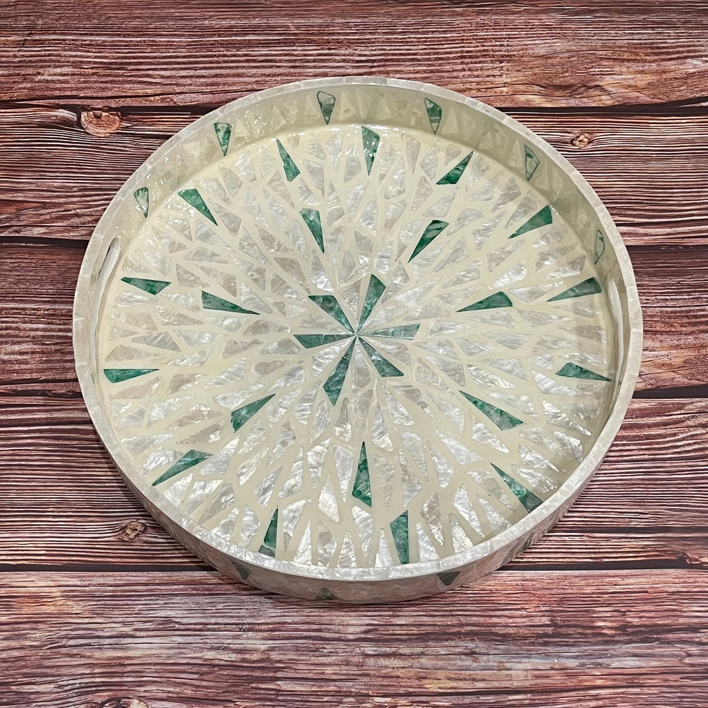 Round Capiz Shell Sunburst Inlay Tray with Green Accents