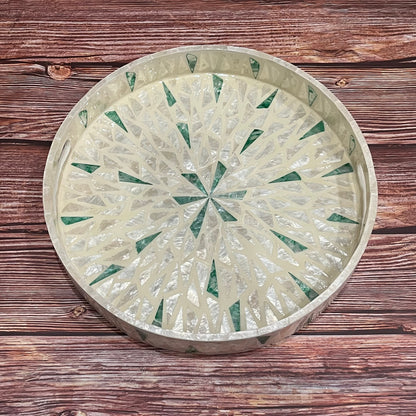 Round Capiz Shell Sunburst Inlay Tray with Green Accents