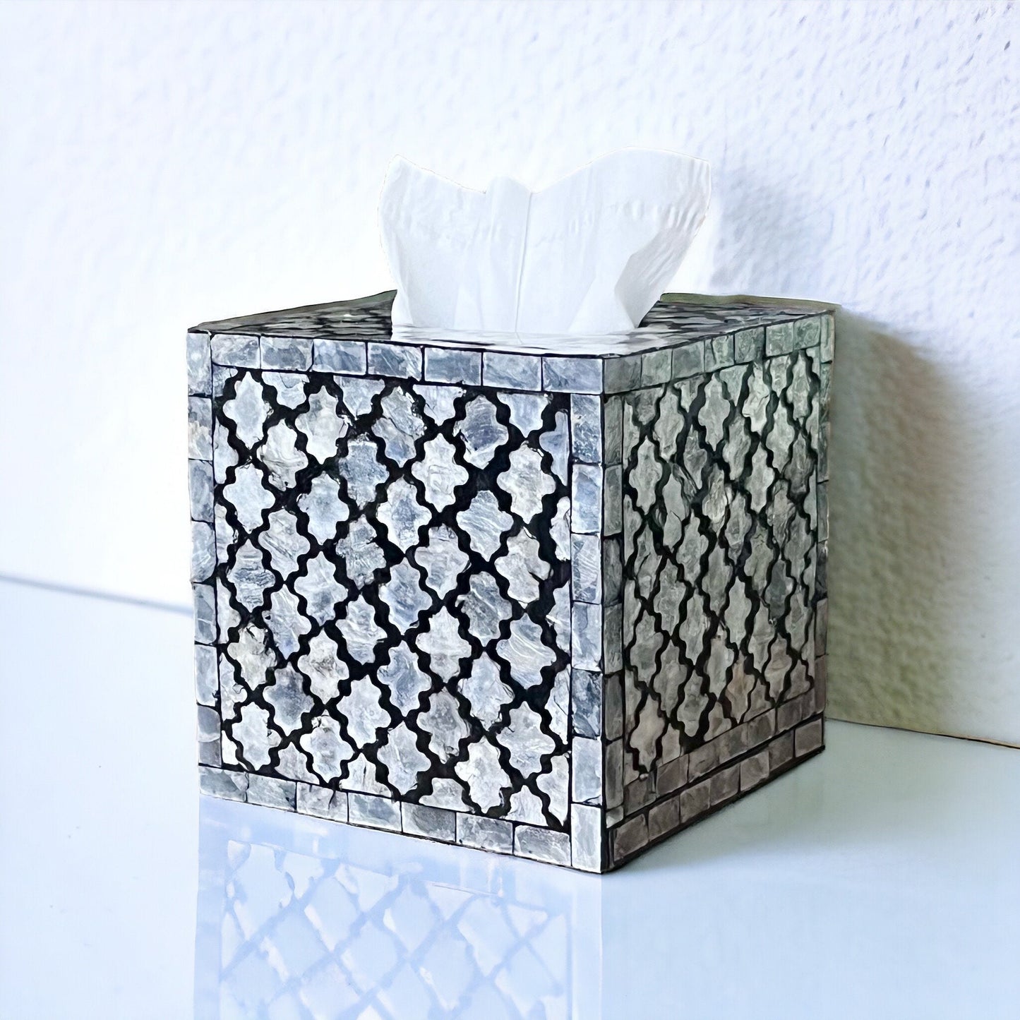 Black & Ivory Capiz Shell Tissue Box Cover – Square Moroccan Pattern MDF Holder