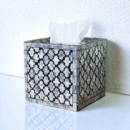 Black & Ivory Capiz Shell Tissue Box Cover – Square Moroccan Pattern MDF Holder