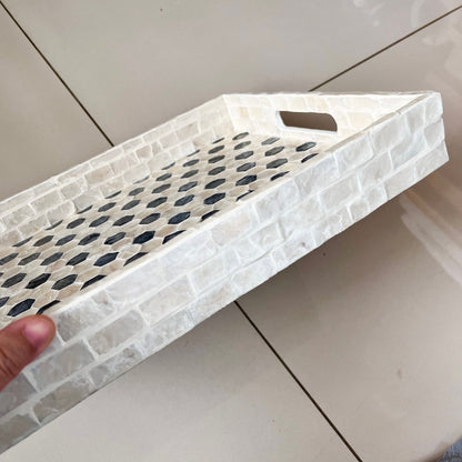 Rectangular Black & Ivory Capiz Shell Hexagon Inlay Tray